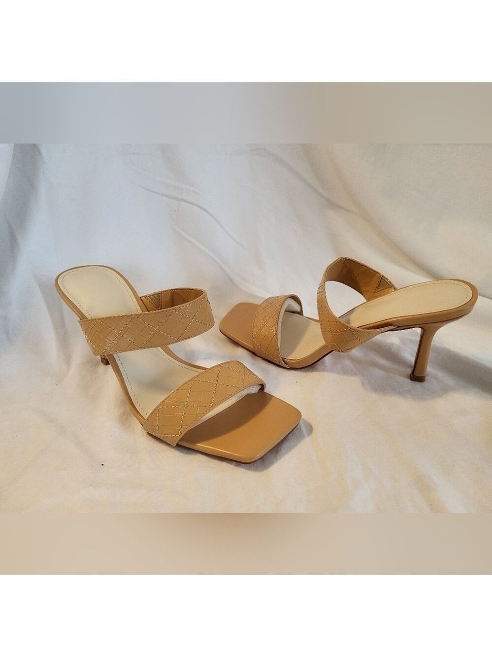 Square Toe Sandal SlipOn Stiletto Two Strap Backless Summer Heel Beige Size 9.5